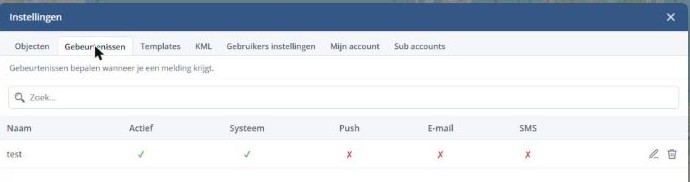 Instellingen → Gebeurtenissen met per gebeurtenis de kanalen push, e-mail en sms