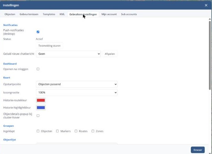 Gebruikers instellingen met notificaties, dashboard, kaart en groepen