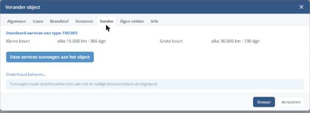 Het Service-tabblad met standaard-services voor het trackertype