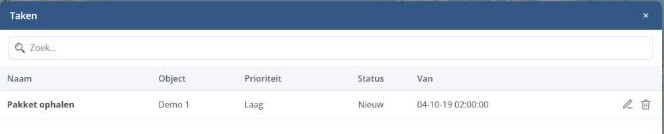 De takenlijst met naam, object, prioriteit, status en tijdstip