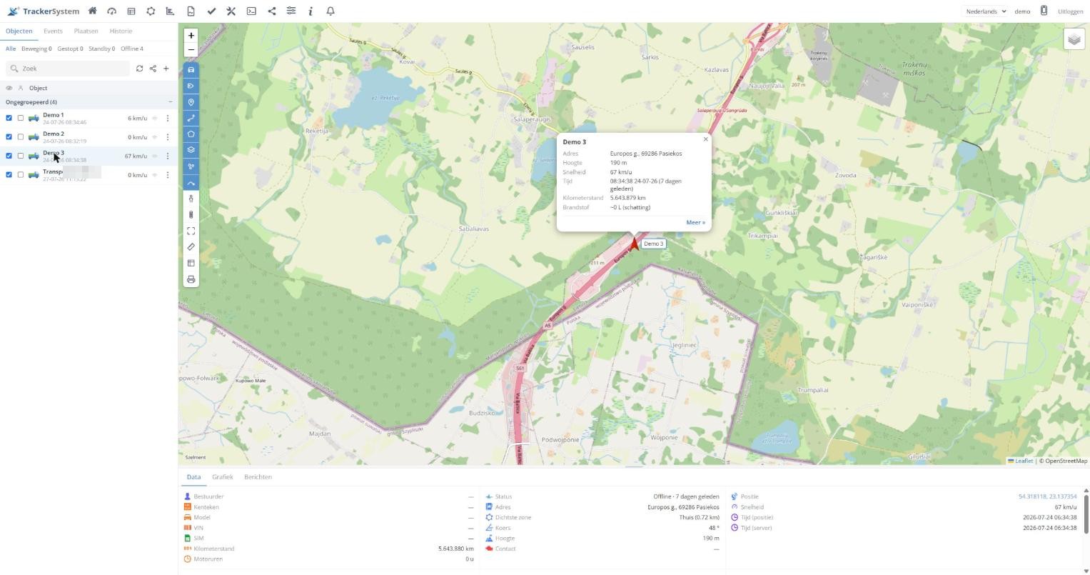 Live kaart in Portaal V4.0 met een geselecteerd voertuig: adres, snelheid en kilometerstand